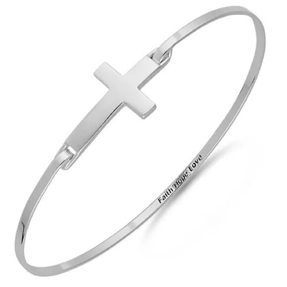 Unwritten Sterling Silver Sideways Cross Catch Bangle Faith Hope Love New - Picture 1 of 6